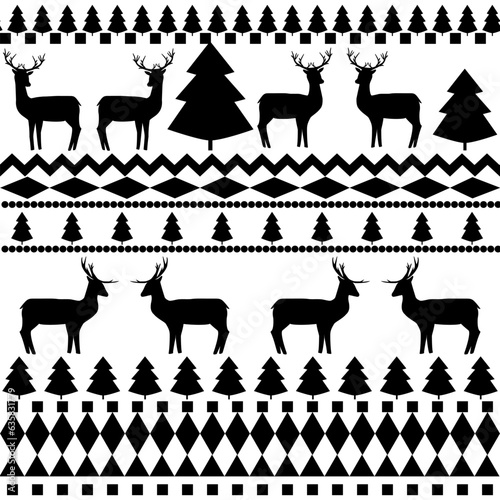 Black deer and christmas tree on white pattern.