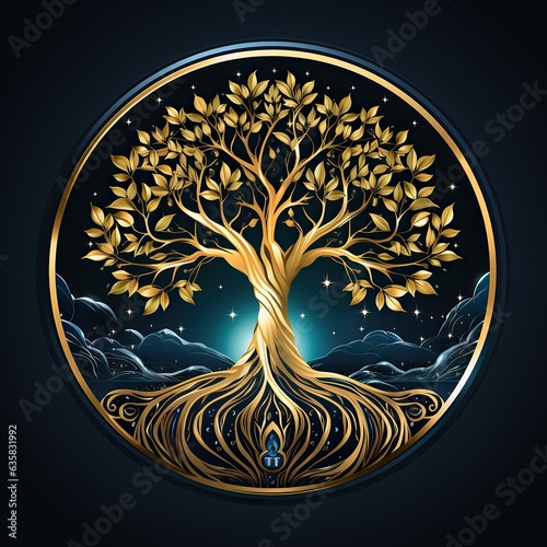 arbre de vie de couleur or avec un fond sombre - ia générative - ia