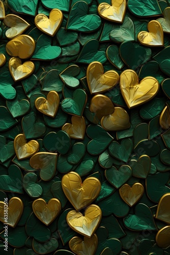 Heartcore Brilliance in Thick Impasto Background - Green and Gold Hearts Illustrated for a Realistic and Detailed Wallpaper Experience - Hearts Backdrop created with Generative AI Technology