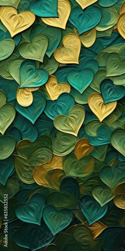 Heartcore Brilliance in Thick Impasto Background - Green and Gold Hearts Illustrated for a Realistic and Detailed Wallpaper Experience - Hearts Backdrop created with Generative AI Technology