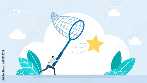 A businessman runs after his dream. Man hands holding butterfly net. Achieve goals or dreams. Inspiration search concept. Creative, innovation, training. Catch, hunt, chase. Vector illustration