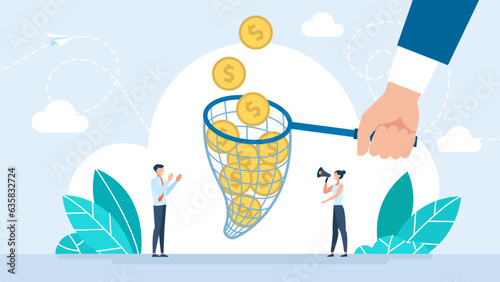 Achieve goals, financial success, business income concept. Chasing money concept. Butterfly net with golden coins. Businessman trying to catch money. Business metaphor. Vector flat illustration
