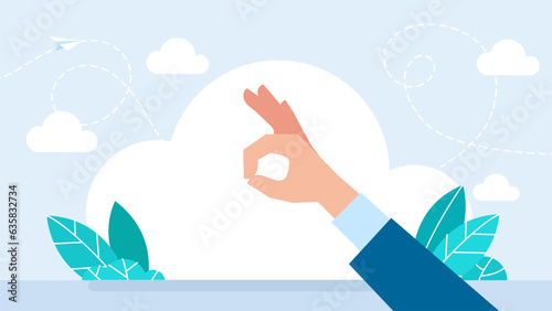 Businessman shows a hand gesture of agreement. Hand OK sign. Hand gesture. Ok hand sign illustration. Okay, agree or perfect. Vector flat illustration