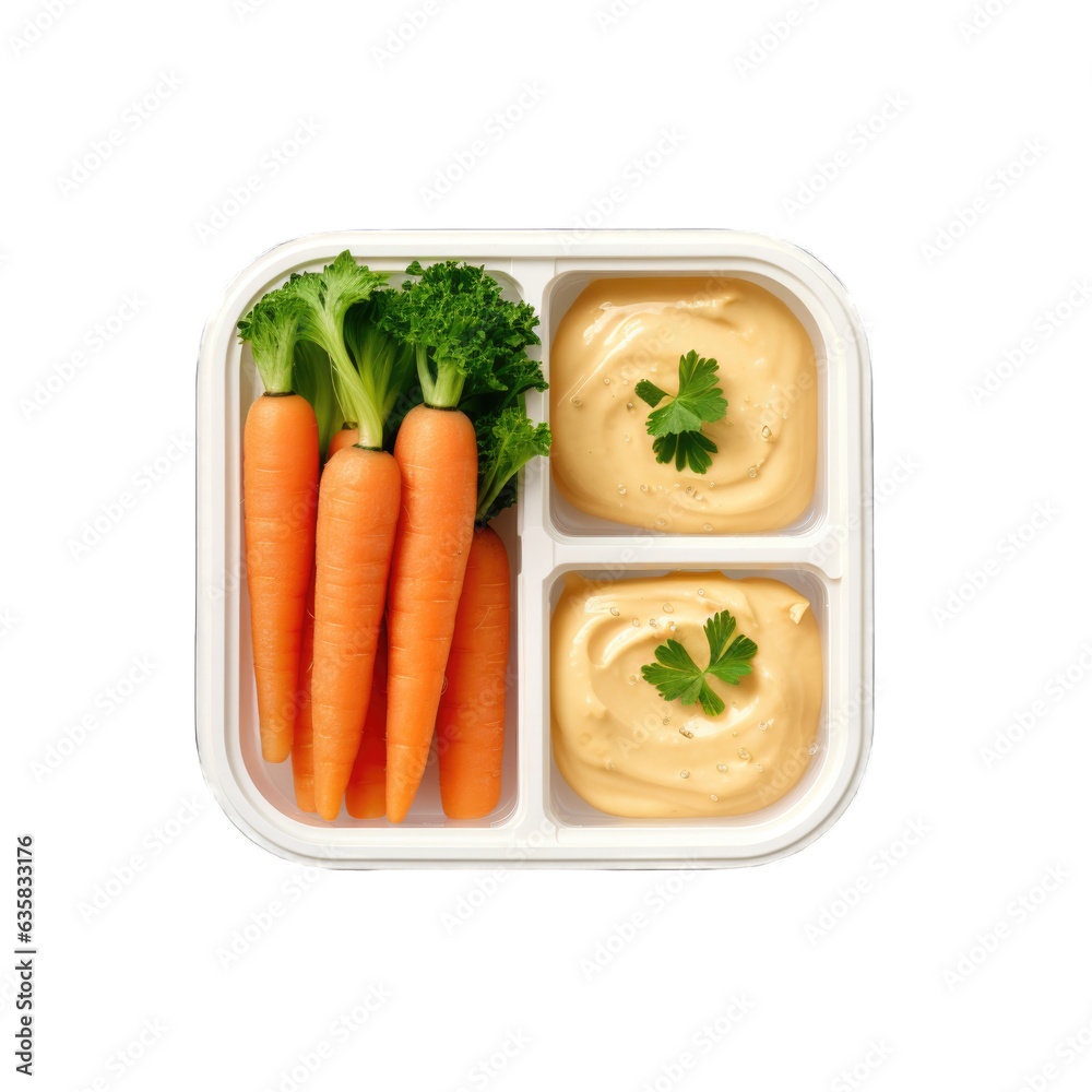 Baby carrots with hummus in a lunchbox top view isolated on transparent background. Generative AI Baby carrots with hummus in a lunchbox top view isolated on transparent background. Generative AI