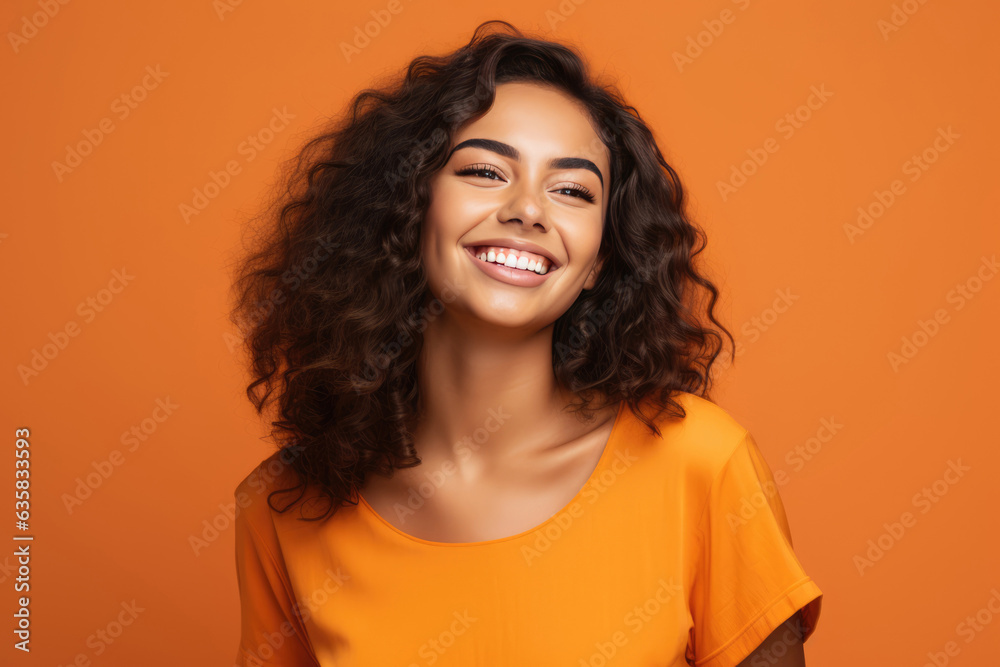 Beautiful Young Happy Brazilian Woman On Orange Background Beautiful Young Happy Brazilian Woman On Orange Background