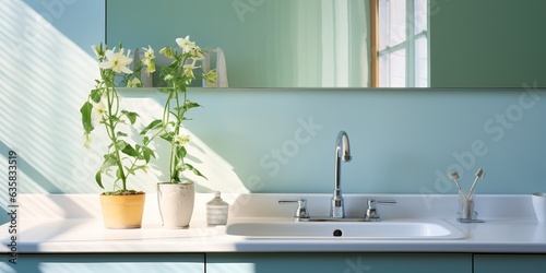 AI Generated. AI Generative. White modern minimal white luxury sink bathroom kitchen with mirror and plant flower. Graphic Art