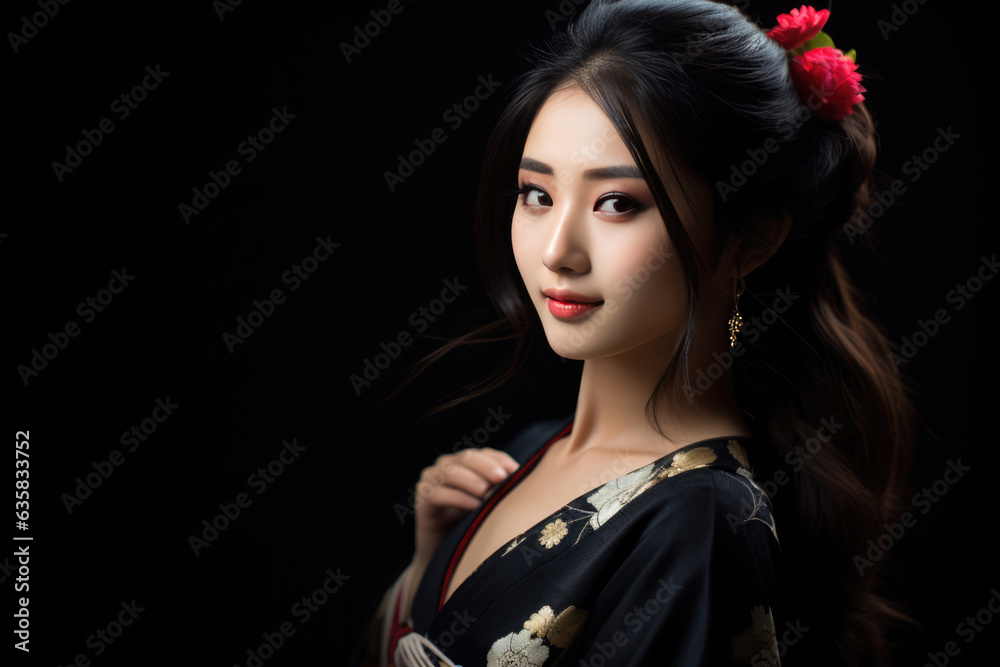 Fototapeta premium Beautiful Young Happy Japanese Woman On Black Background