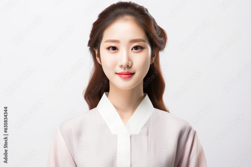Beautiful Young Happy Korean Woman On White Background