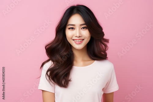 Beautiful Young Happy Korean Woman On Pink Background