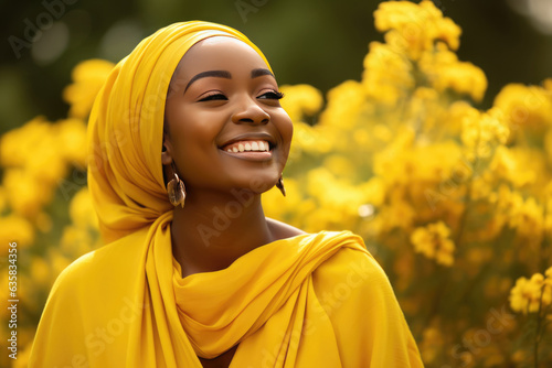 A Woman In A Yellow Shawl Smiles In A Field Of Yellow Flowers photo