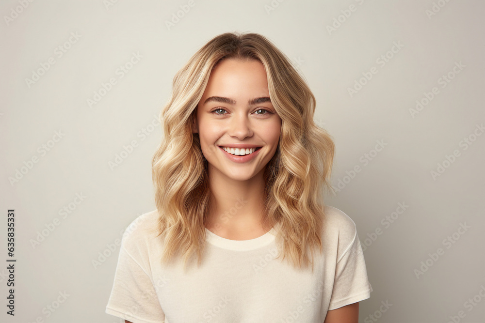 Generative AI portrait attractive young blonde hair girl smiling beauty concept isolated pastel color wall background Generative AI portrait attractive young blonde hair girl smiling beauty concept isolated pastel color wall background