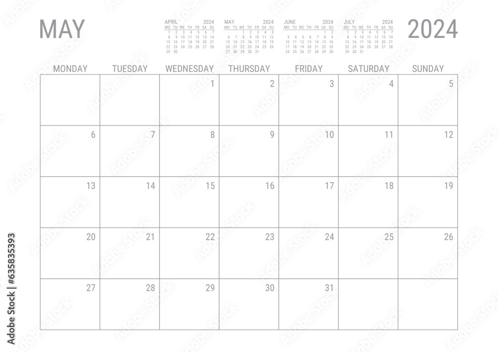 May Calendar 2024 Monthly Planner Printable A4 Monday Start - obrazy, fototapety, plakaty 