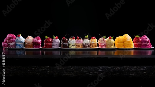 Colorful ice cream banner in different flavors and varieties. Summer Food Photography. Generative AI