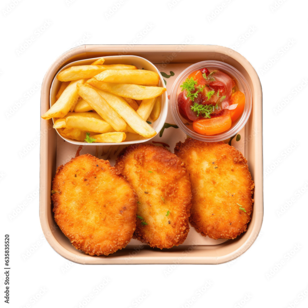 Mini schnitzels in a lunchbox top view isolated on transparent background. Generative AI Mini schnitzels in a lunchbox top view isolated on transparent background. Generative AI