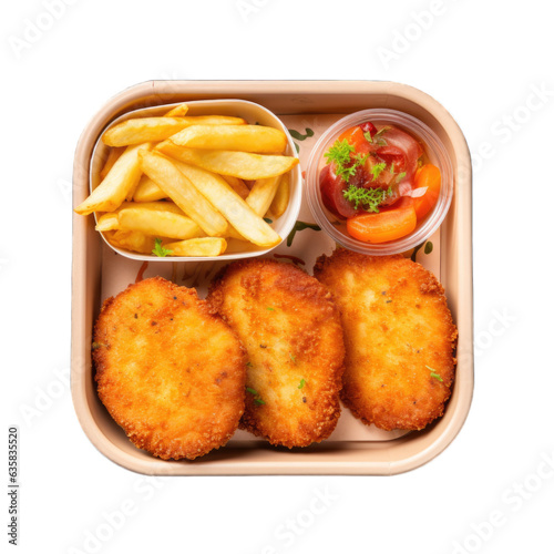 Mini schnitzels in a lunchbox top view isolated on transparent background. Generative AI
