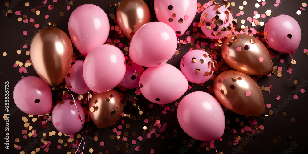 Pink balloons background with confetti, sparkles, lights. Anniversary. Banner for birthday, party, Christmas, New Year, promotion social media cover. top view, flat lay Generative Ai Pink balloons background with confetti, sparkles, lights. Anniversary. Banner for birthday, party, Christmas, New Year, promotion social media cover. top view, flat lay Generative Ai