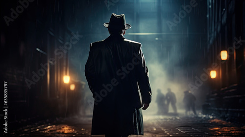 Back view of detective is walking, thriller movie scene. Generative AI photo