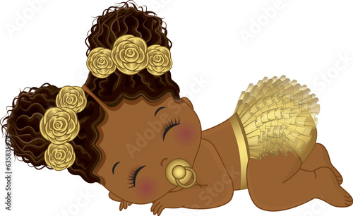 Vector Cute Black Baby Girl in Gold Ruffle Diaper