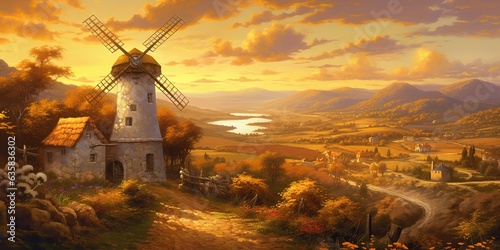 AI Generated. AI Generative. Vintage retru old windmill building nature outdoor countryside landscape background. Adventure trip journey background fall season