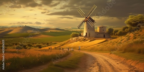 AI Generated. AI Generative. Vintage retru old windmill building nature outdoor countryside landscape background. Adventure trip journey background fall season