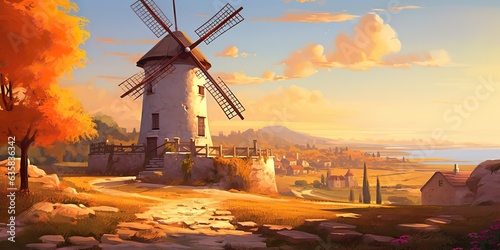 AI Generated. AI Generative. Vintage retru old windmill building nature outdoor countryside landscape background. Adventure trip journey background fall season photo