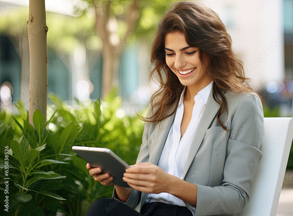 Portrait of a successful business woman using digital tablet in front of modern business building. Created with Generative AI technology. Portrait of a successful business woman using digital tablet in front of modern business building. Created with Generative AI technology.