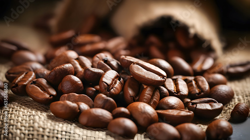 Roasted coffee beans scattered on a dark surface  closeup. Generative AI technology.