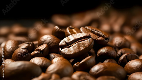 Roasted coffee beans scattered on a dark surface, closeup. Generative AI technology.