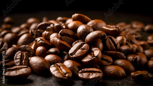 Roasted coffee beans scattered on a dark surface  closeup. Generative AI technology.