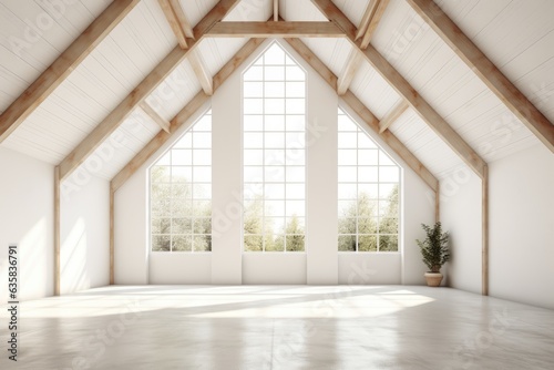 a room with a gable roof, white walls, concrete floor, and wooden windows for sunlight.