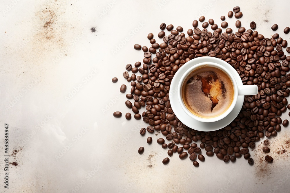 Fototapeta premium top view coffee cup with coffee beans on white table made with generative ai technology