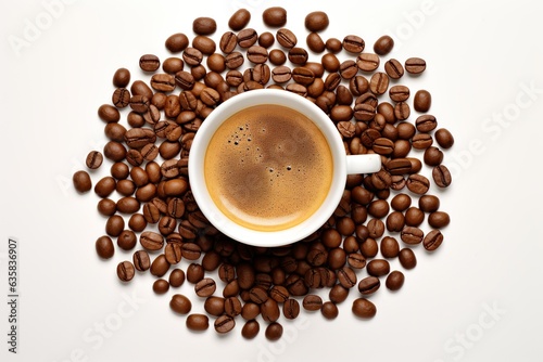 top view coffee cup with coffee beans on white background made with generative ai technology