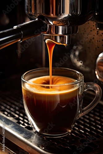 Closeup of Hot Espresso Shot Pouring from Espresso Machine - Perfect for Breakfast, Cafes and Coffee Lovers: Generative AI