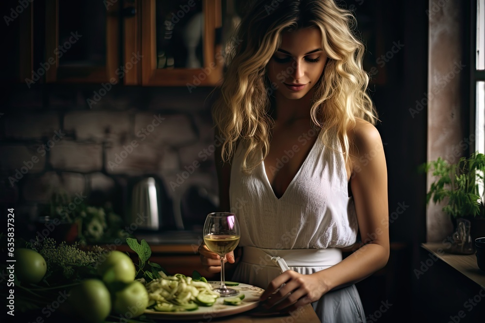 Cooking At Home. Young Woman Cooking Healthy Food in the Kitchen. Dieting Concept for Healthy Lifestyle. Beautiful Female Cook with Pan on Background: Generative AI