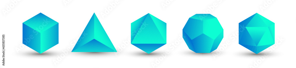 Set of blue vector editable 3D platonic solids isolated on white background. Mathematical geometric figures such as cube, tetrahedron, octahedron, dodecahedron, icosahedron. Icon, logo, button. Set of blue vector editable 3D platonic solids isolated on white background. Mathematical geometric figures such as cube, tetrahedron, octahedron, dodecahedron, icosahedron. Icon, logo, button.