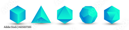 Set of blue vector editable 3D platonic solids isolated on white background. Mathematical geometric figures such as cube, tetrahedron, octahedron, dodecahedron, icosahedron. Icon, logo, button.