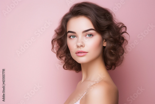Generative IA picture of young girl natural beauty spa salon concept over pink pastel color background photo