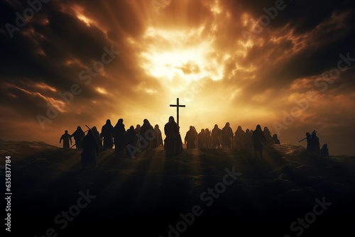 Generative AI picture of the holy cross of Jesus Christ over sky his followers praying photo
