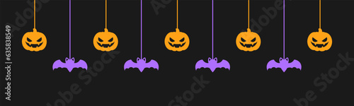 Happy Halloween banner or border with glowing bats and jack o lantern pumpkins. Hanging Spooky Ornaments Decoration Vector illustration, trick or treat party invitation
