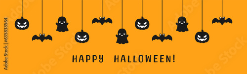 Happy Halloween banner or border with black bats, ghost and jack o lantern pumpkins. Hanging Spooky Ornaments Decoration Vector illustration, trick or treat party invitation