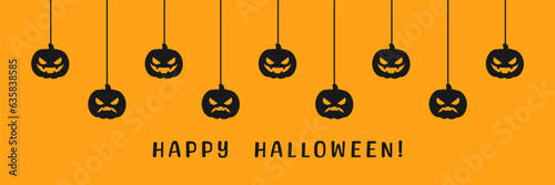 Happy Halloween banner or border with jack o lantern pumpkins silhouette. Hanging Spooky Ornaments Decoration Vector illustration, trick or treat party invitation