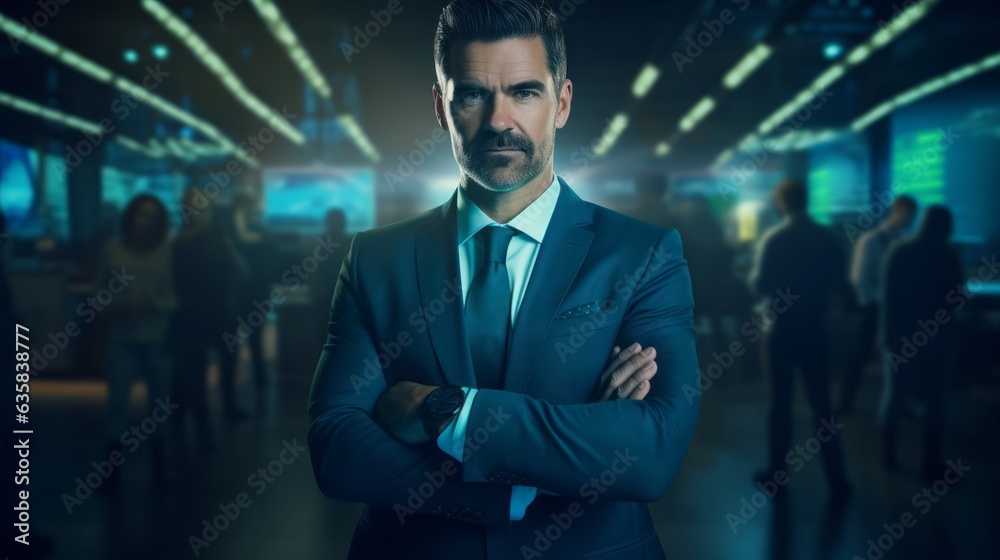 Portrait Attractive Middle Businessman wearing suit arms crossed and smiling over blur office background, Happy professional Confident CEO, leader of company, Business Financial concept, Generative AI Portrait Attractive Middle Businessman wearing suit arms crossed and smiling over blur office background, Happy professional Confident CEO, leader of company, Business Financial concept, Generative AI