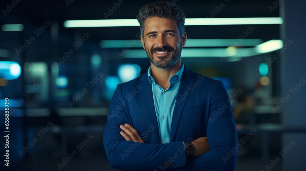 Portrait Attractive Middle Businessman wearing suit arms crossed and smiling over blur office background, Happy professional Confident CEO, leader of company, Business Financial concept, Generative AI Portrait Attractive Middle Businessman wearing suit arms crossed and smiling over blur office background, Happy professional Confident CEO, leader of company, Business Financial concept, Generative AI
