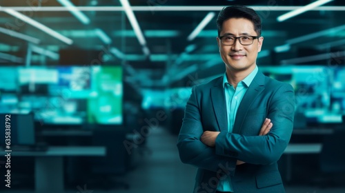 Portrait Attractive Young Asian Businessman wearing suit arms crossed and smiling over blur office background, Happy professional Confident,leader of company, Business Financial concept, Generative AI