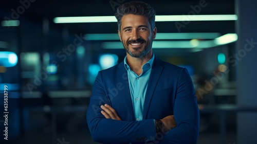 Portrait Attractive Middle Businessman wearing suit arms crossed and smiling over blur office background, Happy professional Confident CEO, leader of company, Business Financial concept, Generative AI © THANANIT