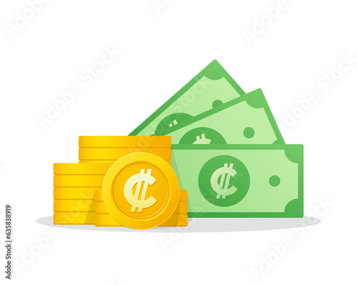Stack of cash money with coins Costa Rican Colon sign. Financial isometric vector illustration. Cash, payment and financial item. photo