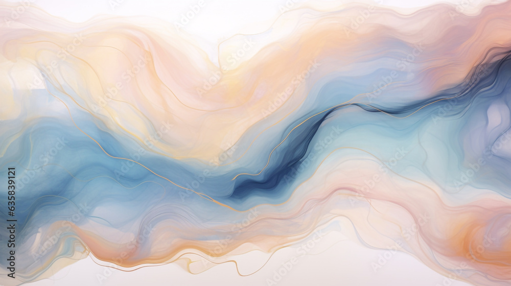 Obraz premium Abstract watercolor paint background illustration featuring a gentle fusion of soft pastel pink and blue colors, interwoven with graceful golden lines. The composition showcases a liquid, fluid marble