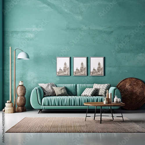 Living room home interior background. Empty teal wall mock up. Ai generated