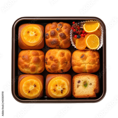 Mini fruit cakes in a lunchbox top view isolated on transparent background. Generative AI