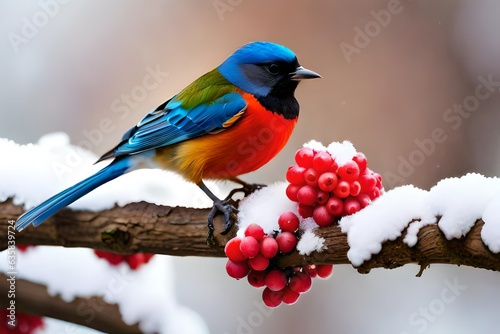 Bird sitting on a branch eating red berries, winter, cold